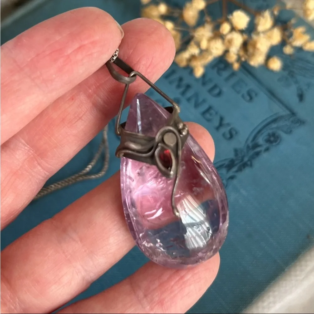 Large Amethyst Teardrop Pendant Necklace Sterling Silver - Picture 3 of 3